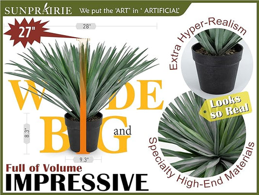 SUNPRAIRIE 27 inches Tall Artificial Agave Plant in Black Pot with Real Stone Pebbles, 126 Realistic Leaves. Large Faux Plants Indoor and Outdoor.