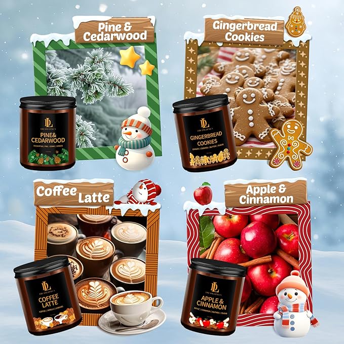 Winter Candle Set, Candles for Home Scented, 4 Pack Soy Candles for Holiday, Holiday Candle Gifts for Women Men, Winter Scents of Gingerbread Cookies/Apple & Cinnamon/Coffee Latte/Pine & Cedarwood