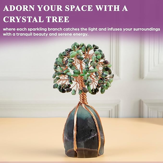 Crocon Ruby Zoisite Crystal Tree with Fluorite Rough Base Tree of Life Decor for Shelf, Bedroom, Birthday Gifts for Women, Sister Birthday Gift for Mom, Cute Home Decor Present
