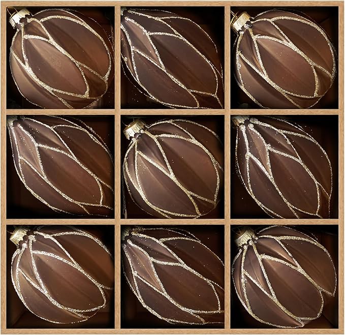 WDS WONDROUS Christmas Ball Ornaments, Vintage Ball & Teardrop Xmas Tree Ornament Set, Hanging Assorted Glass Balls for Holiday Home Party Decor (9Pcs, Brown & Gold Line)
