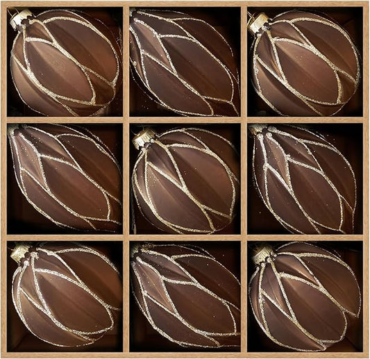 WDS WONDROUS Christmas Ball Ornaments, Vintage Ball & Teardrop Xmas Tree Ornament Set, Hanging Assorted Glass Balls for Holiday Home Party Decor (9Pcs, Brown & Gold Line)