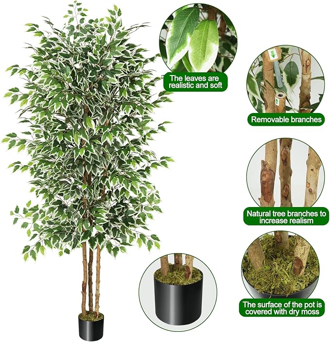 GTIDEA 7ft Ficus Artificial Trees, Tall Faux Trees Indoor with Natural Trunk and Fake Silk Tree Fake Plants for Home Decor Living Room Outdoor Balcony House Office (Included Dried Moss)