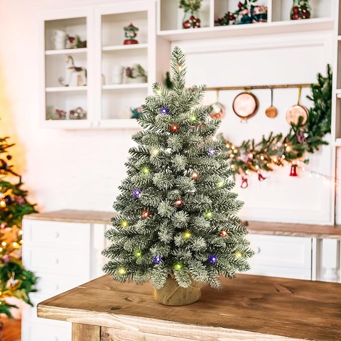 2 ft Mini Christmas Trees with 25 F5 LED Lights, 24" Decorated Burlap Artificial Tabletop Christmas Trees Home Party Decoration for Kitchen Dining Room Window