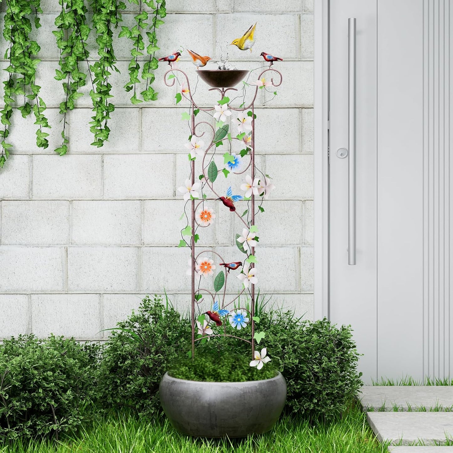 Bird Bath for Outside - Antique Iron Bird Bath with Trellis,Detachable Decorative Hummingbird Bowl,Metal Plant Support for Climbing Flowers,Elegant Outdoor Garden Feature (Hummingbird)