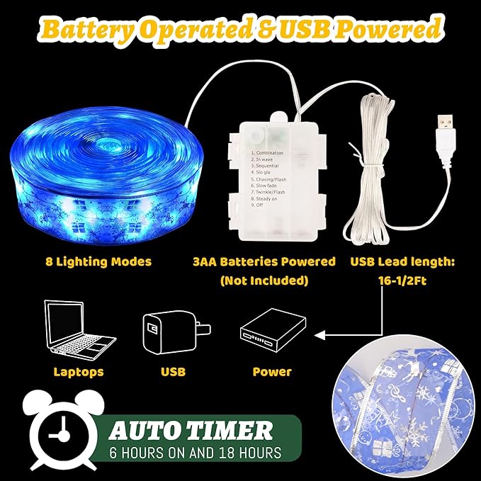 Christmas Decorations, 2.5Inch x 33Ft 100 Led Christmas Tree Ribbon Lights with Remote Control, Battery Operated & USB Powered 8 Lighting Modes Fairy String Lights with Timer for Xmas Decor