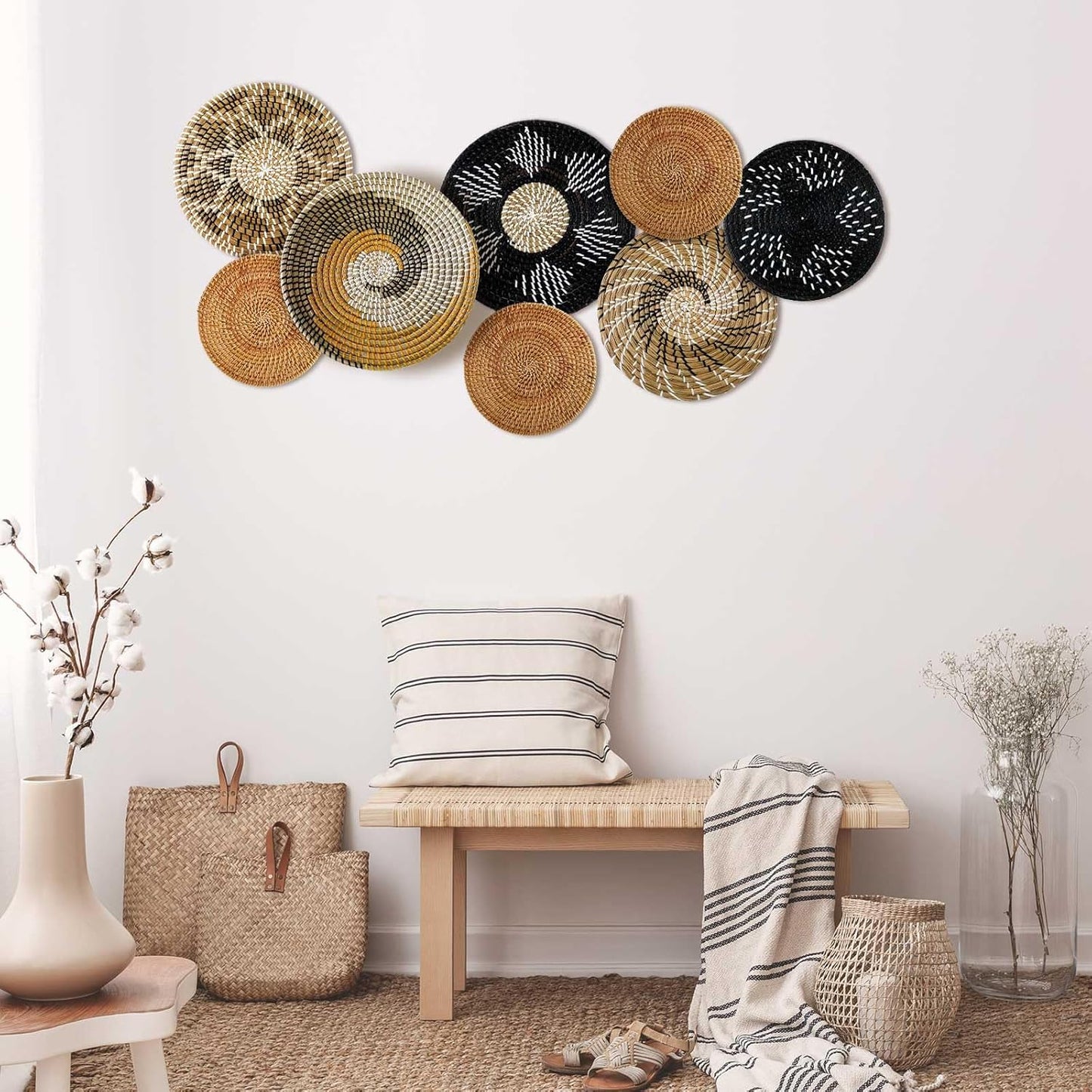 Xuhal Set of 8 Hanging Woven Wall Basket Handmade Decorative Rustic Boho Basket Decor Handcrafted Wicker Round Seagrass Wall Art for Home Kitchen Farmhouse Table Living Room(Vintage)