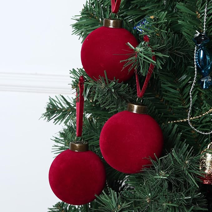 6 Pcs Velvet Christmas Balls Bulk Shatterproof Plastic Christmas Tree Decorations for Decorative Hanging Baubles (6, Wine red, 3.94Inch)