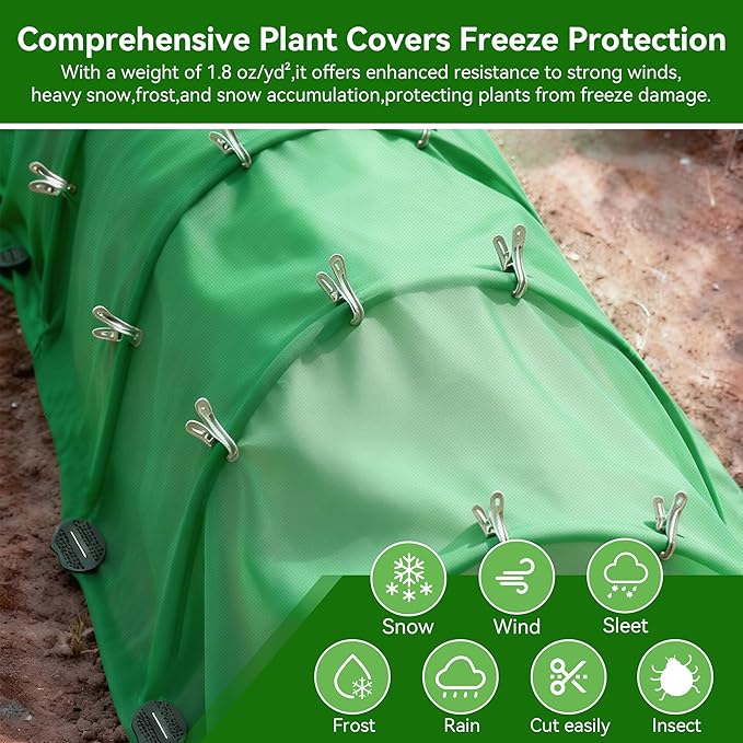 Plant Covers Freeze Protection kit，1.8 oz/yd²-10 ft x 33 ft Thickened Floating Row Cover for Outdoor Plants With 20 clips and 10 stakes staples& gasket & 1 Pick Hook, Winter Frost Protection(Green)