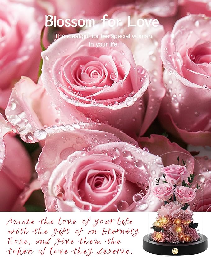 Flowers Roses Gifts for Mom Grandma,Forever Preserved Rose in Glass Dome, Christmas Anniversary Thanksging Birthday Real Roses Gifts for Wife Women Mother in Law/Pink