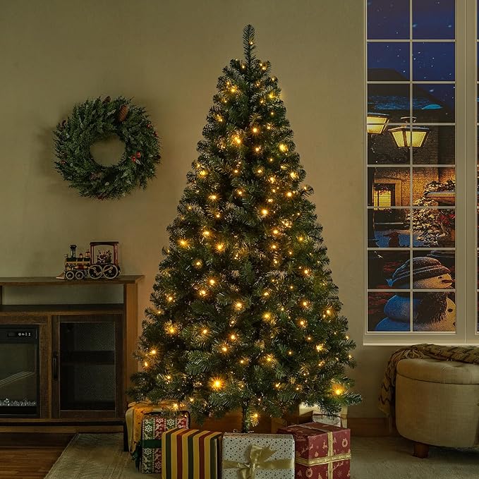 Natalie 6ft Pre-Lit Spruce Artificial Christmas Tree –Hinged PVC Branches, 798 Tips, 250 Warm White Lights, Sturdy for Ornaments, Holiday Décor w/Stable Base