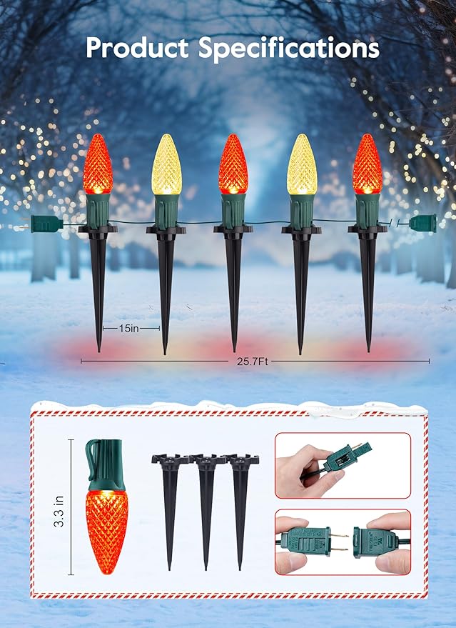 Brightown C9 Christmas Lights Outdoor, 25.7 Ft Strawberry C9 Christmas Pathway Lights with 20 LED Bulbs and Stakes, Christmas Decorations Outside Walkway Sidewalk Holiday, Red and Warm White