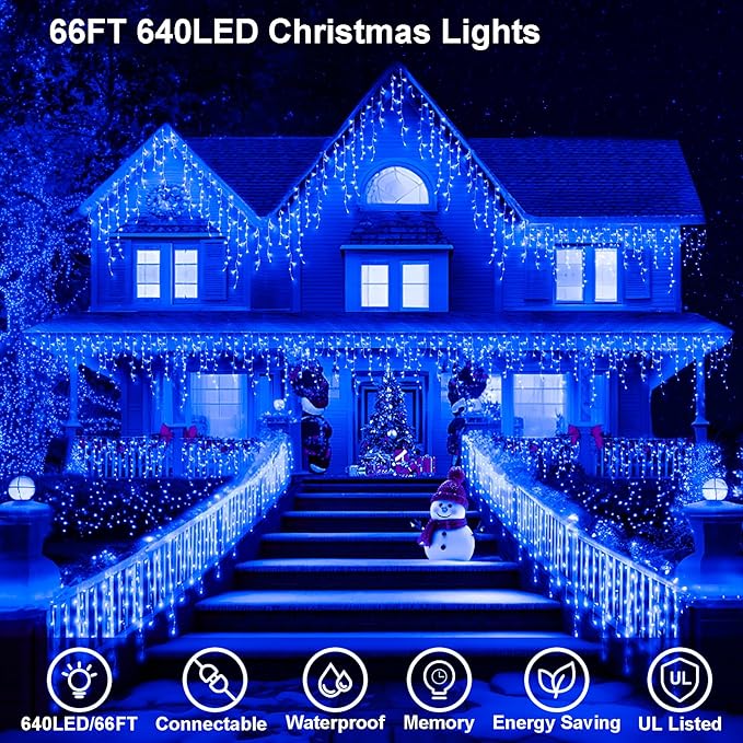 JXLEDAYY 65 FT 640 LED Christmas Lights Outdoor Decorations Clear Wire String Lights Plug in 120 Drops 8 Modes Memory Timer Connectable Curtain Fairy Lights Waterproof for Holiday Wedding Party-Blue