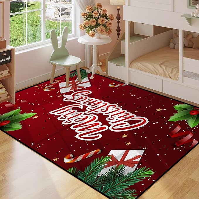Christmas Rug Xmas Holiday Decorative Christmas Tree and Snowflake Pattern Welcome Mat for Home Decoration Non Slip Outdoor Indoor Entrance Floor Mat,71" X 47"