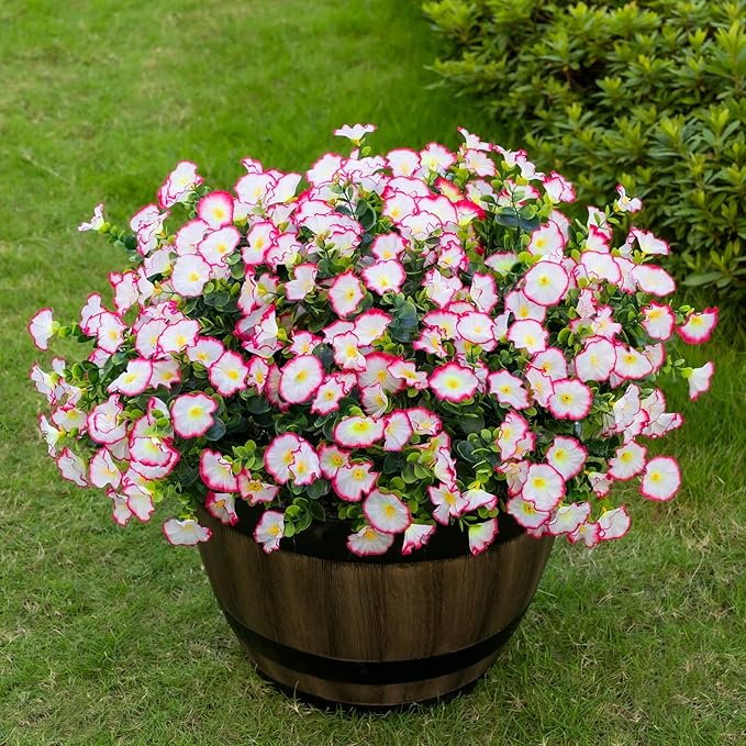 Lnoicy Artificial Flowers for Outdoor 12 Bundles Eucalyptus Fake Flowers for Planter,UV Resistant Fake Morning Glory for Home/Porch/Garden Decoration（Pink）