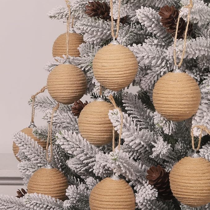 JOICEE 9 Pcs Boho Christmas Ball Ornaments Set, Jute Rope Hanging Balls Neutral Rustic Ornaments Christmas Ball Decoration for Xmas Tree Wreath Garland Party Farmhouse Decor(Linen)