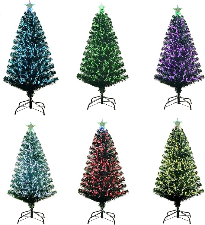 5FT Pre-lit Fiber Optic Christmas Tree with Lighted Star, PVC & Iron Construction, Green Artificial Christmas Tree with 195 Branch, Indoor Christmas Decorations, Holiday Home Xmas Decoration