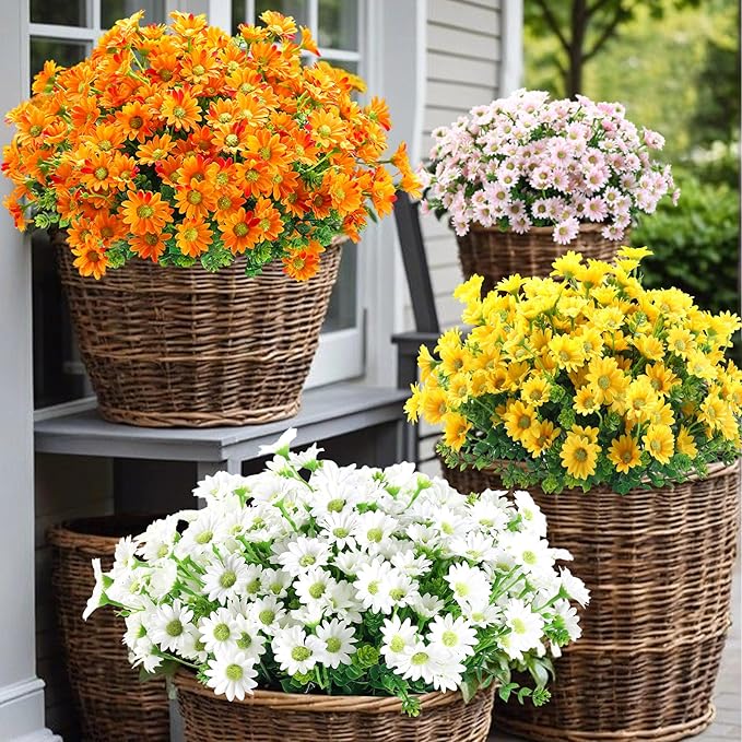 10pcs Outdoors Artificial Mum Flowers UV Resistant Daisy Fake Silk Chrysanthemum Greenery Faux Eucalyptus Plants for Spring Summer Garden Patio Window Box Planter Home Decor(Orange)