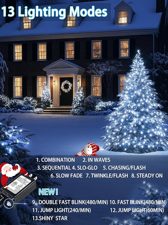 2-Pack 66FT 200 LED Extendable White Christmas String Lights (Green Wire), Christmas Tree Lights with 13 Modes, Indoor Outdoor Plug in Fairy String Lights for Xmas Decor Party Garden (Cool White)