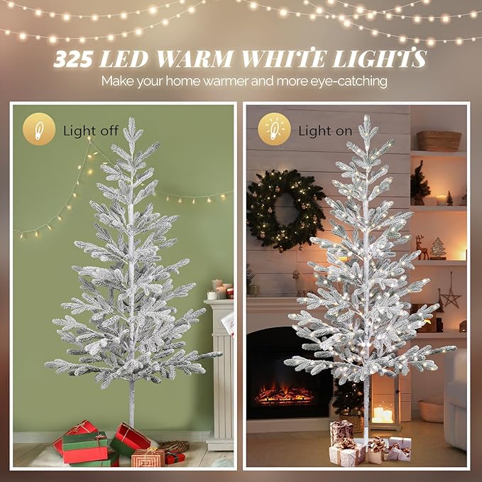 VINGLI 6ft Lighted Artificial Pine Tree, Flocked Christmas Tree with 550 Warm White Lights, 80 Branches for Indoor Outdoor Christmas Festival Party Decoration (Green)