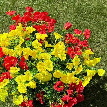 10 Bundles Artificial Flowers for Outdoor,UV Resistant Fake Petunia Flowers,Faux Plants for Outside Hanging Planters,Artificial Plants for Indoor Porch Garden Home Wedding Decor(Yellow,Red)