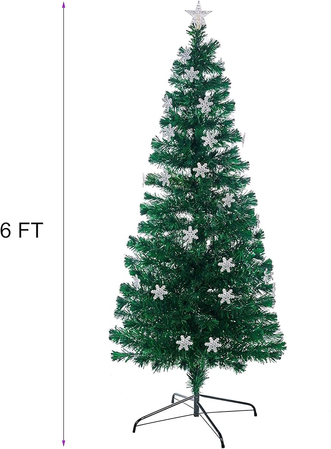 Juegoal 6 ft Pre-Lit Optical Fiber Christmas Artificial Tree, RGB Color Changing LED Lights, Snowflakes & Top Star, Fake Xmas Tree with Metal Legs
