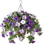 Artificial Hanging Fake Flowers with Basket Plants for Outdoor Decoration, Faux Silk Flower UV Resistant Morning Glory for Home Porch Patio Garden Balcony Yard Look Real (Purple White)