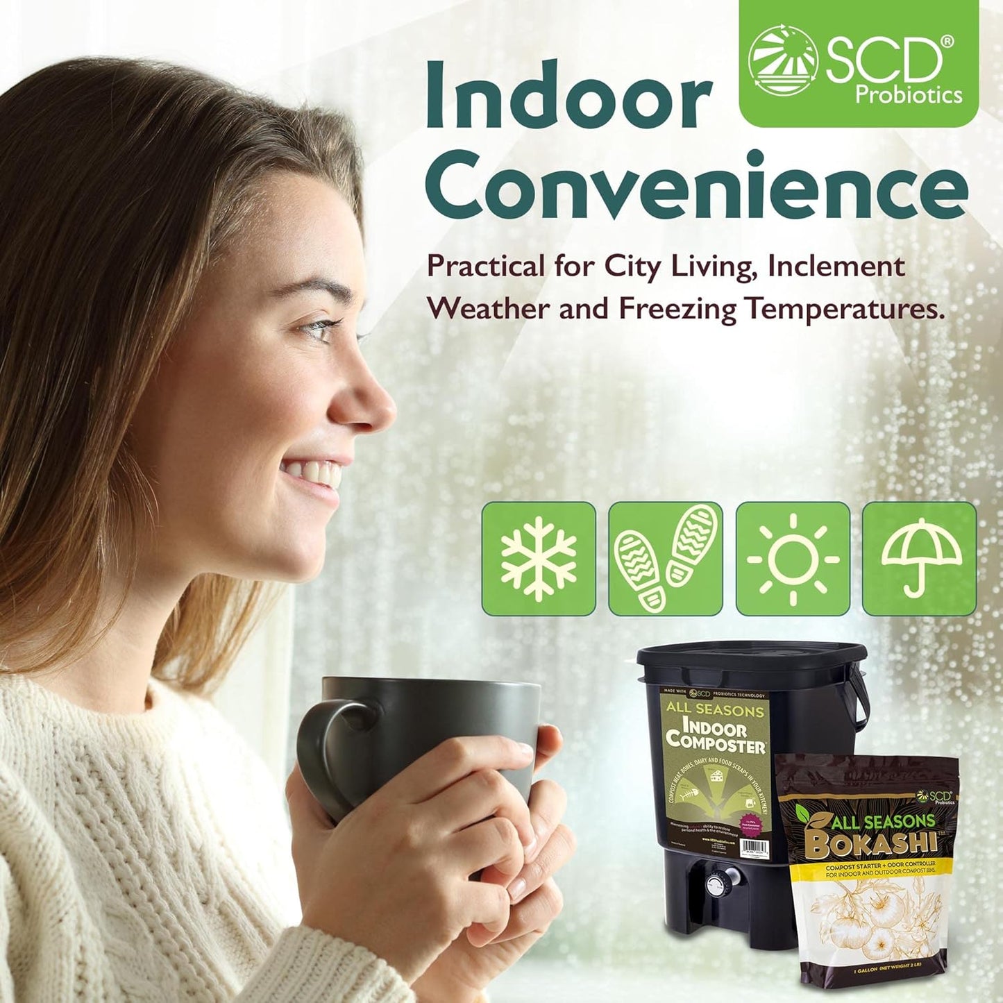 All Seasons Indoor Composter Starter Kit – 5 Gallon Black Compost Bin For Kitchen Countertop With Lid, Spigot & 1 Gallon (2 lbs.) Bag Of Dry Bokashi Bran – Made In USA by SCD Probiotics