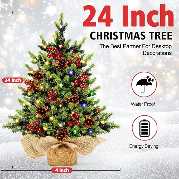 [ 12 Modes & Timer] Christmas Artificial Tree LED Warm Lights Battery Operated Red Berries Pine Cone Burlap Base Indoor Home Christmas Decorations
