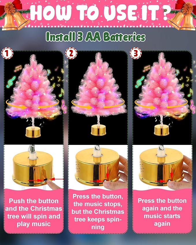 2FT Pink Rotating Christmas Tree with Music and LED Lights, 360° Spinning Tabletop Mini Xmas Tree with Base Christmas Decor for Small Space Home Office Desk Holiday Gift