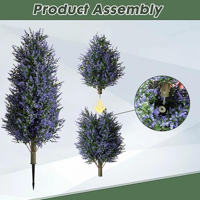 MGWILL 3FT Artificial Lavender Topiary Tree, Set of 2 Artificial Shrubs Fake Bushes with Spike, Faux Lavender Plants for Porch, Artificial Plants for Outdoor Planters Indoor UV Resistant