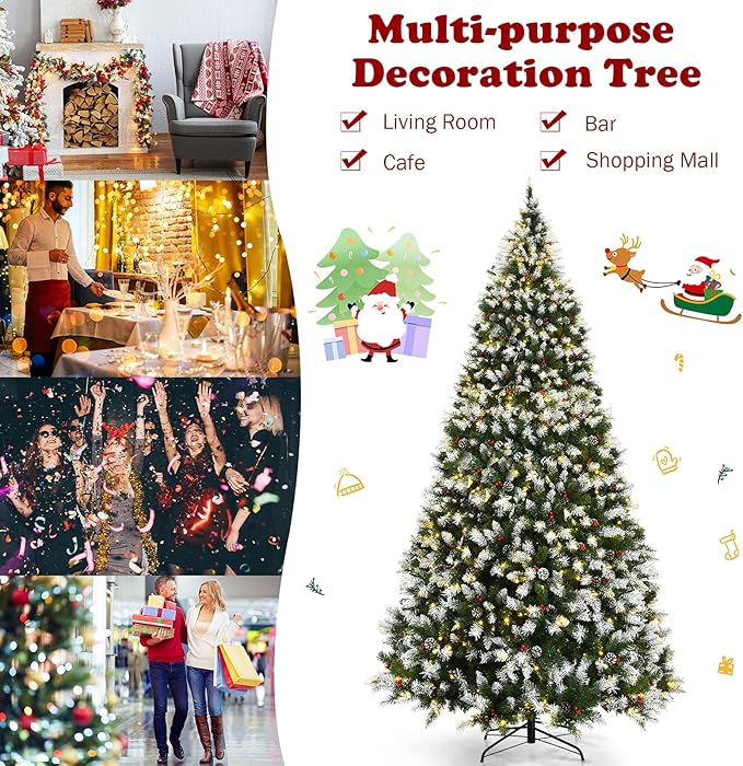 Happygrill 9ft Pre-lit Snowy Christmas Tree Pre-Strung Xmas Decoration Tree with 900 Warm White LED Lights & 2058 PVC Tips, 8 Lighting Modes, Hinged Artificial Tree for Residential Commercial Use