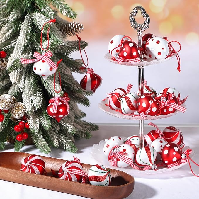 Syhood 24 Pcs Christmas Tree Ornaments, Christmas Ball Decorations Set, Shatterproof Baubles Xmas Tree Hanging Decor, Peppermint Candy Ball Red White Green Stripes Party Holiday(Classic,2.36 Inches)