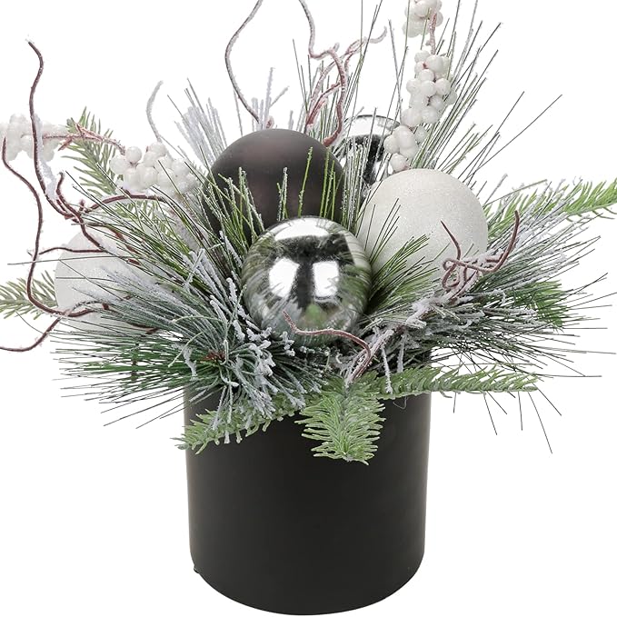 Briful 10 Inch Mini Christmas Tree Artificial Potted with Holly Pine Snowy and Black White Silver Xmas Balls Christmas Arrangements Centerpieces Ornaments Table Top Decor in 4.7'' Black Ceramic Pot