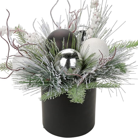 Briful 10 Inch Mini Christmas Tree Artificial Potted with Holly Pine Snowy and Black White Silver Xmas Balls Christmas Arrangements Centerpieces Ornaments Table Top Decor in 4.7'' Black Ceramic Pot