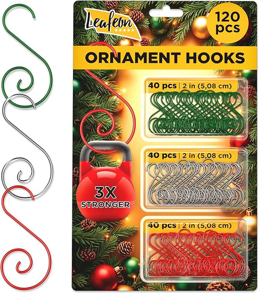 Leafeon Christmas Ornament Hooks 120 Pcs - Durable S-Shaped Ornament Hangers - Green Gold Red Ornament Hooks for Hanging Christmas Ornaments