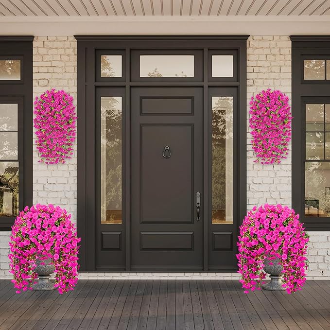 Rich and Eye-catching 5 PCS Artificial Hanging Flowers，Silk Morning Glory Faux Flowers with Eucalyptus Leaves,uv Resistant Fake Hanging Petunias Plants for Yard Decoration(Fuchsia)