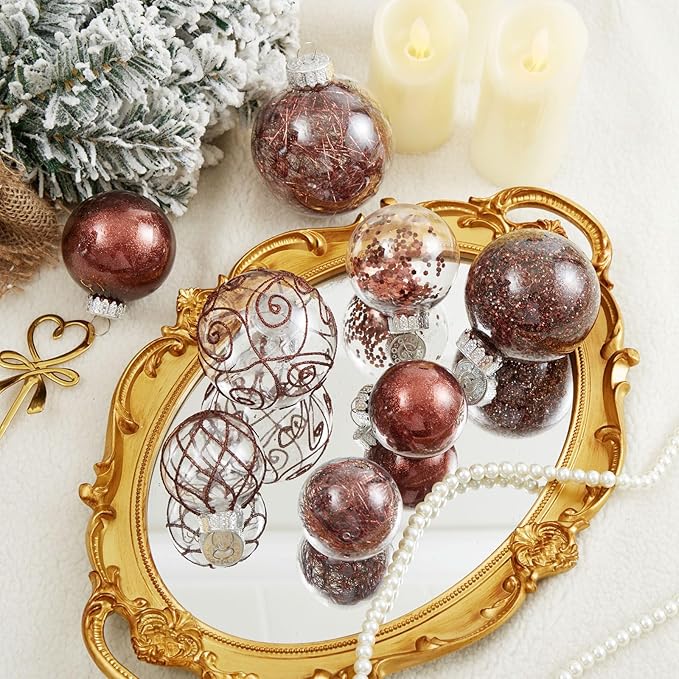 Wironlst Christmas Ball Ornaments Shatterproof Clear Large Plastic Hanging Ball Decorative Baubles Set with Stuffed Delicate Decorations (Multi-Siz, Brown)