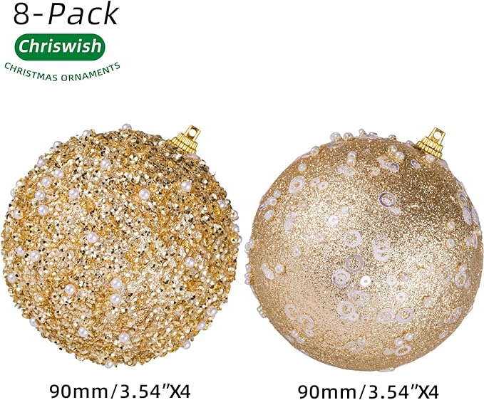 8CT Christmas Ball Ornaments, Gold Christmas Ball Decorations Shatterproof Plastic Hanging Pearl Balls for Holiday Party(90mm/3.54")