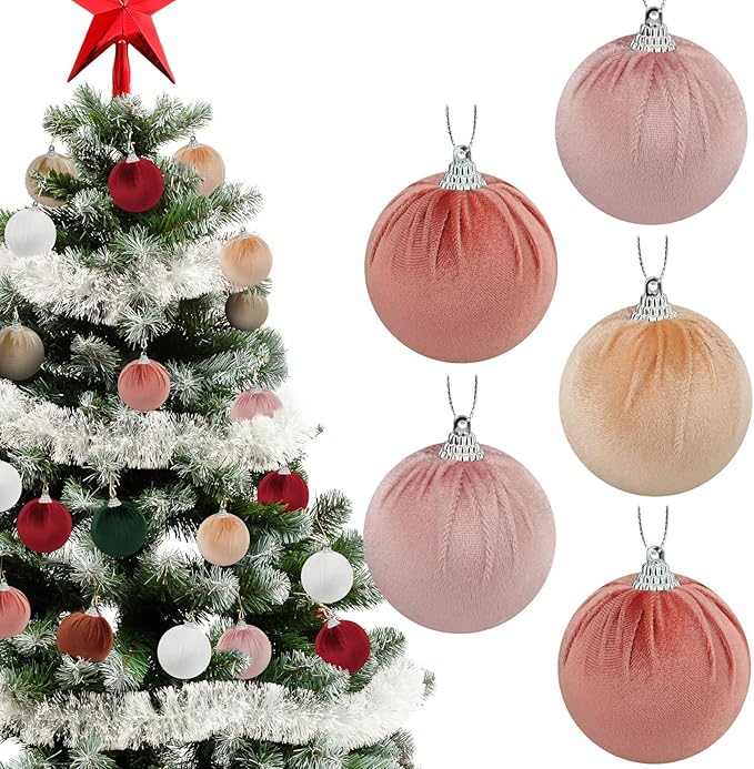 Woration 9pcs Velvet Fabric Christmas Decoration Balls 2.36inch Xmas Hanging Ornaments Assorted Light Color Balls for Garlands Tree Wedding Party