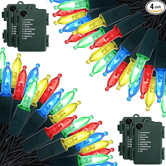 Battery Operated Christmas Lights, 4 Pack 17ft 50 LED Mini String Lights with 8 Modes Auto-Timer, Waterproof Tree Lights for Outdoor Indoor Xmas Holiday Wreath Garden Decor, Multicolor