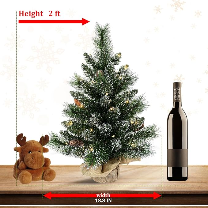 30 Led Warm Lights Pre-Lit Artificial Mini Christmas Tree, 2ft Snow Tipped Pine Artificial Christmas Tree,Seasonal Indoor Home Decor with Decorative Burlap Base