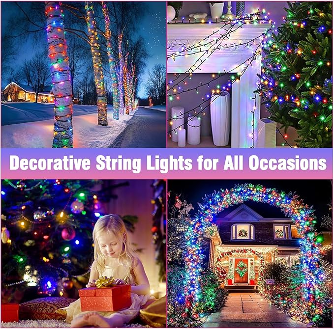 Nisocy 66FT 200 LED Multicolor Christmas String Lights with Green Wire, 8 Modes Plug in Fairy Lights, Waterproof Xmas Tree Lights for Indoor Outdoor Holiday Decorations, Party, Home, Patio