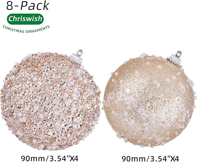 8CT Christmas Ball Ornaments, Champagne Christmas Ball Decorations Shatterproof Plastic Hanging Pearl Balls for Holiday Party(90mm/3.54")