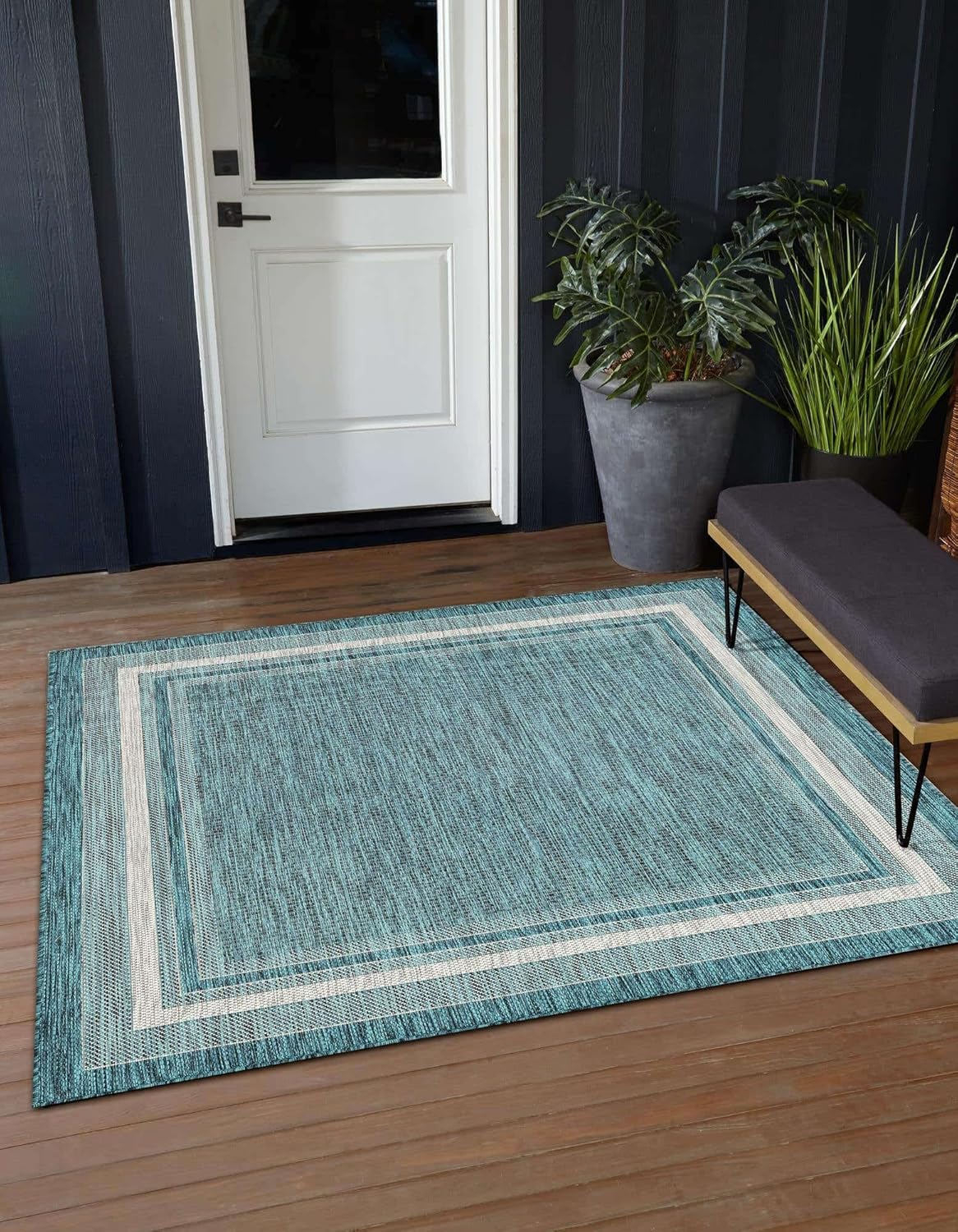 Unique Loom Outdoor Border Collection Area Rug - Soft Border (12' Square Teal/Ivory)