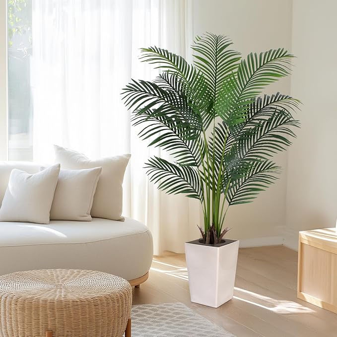 Artificial Palm Tree with White Tall Planter, 5ft Tall Potted Artificial Silk Palm Tree Plant, Fake Tropical Plant, Home Office Floor Room Decor Plants Indoor Outdoor, Housewarming Gift