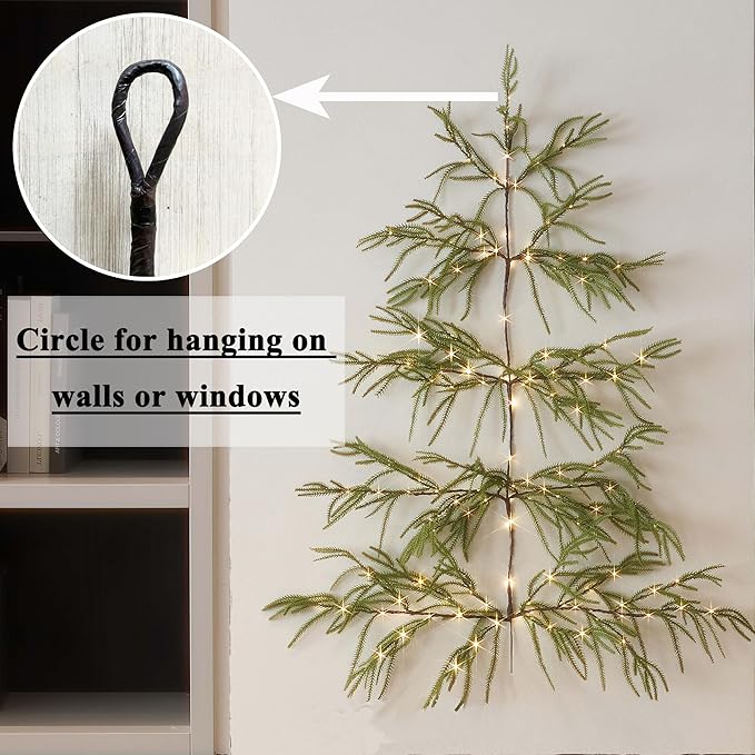 Hairui Lighted Norfolk Pine Wall Tree with Timer 4FT 140 Warm White LED Fairy Lights, Vine Garland with Lights for Home Fireplace Room Window Christmas Decoration Indoor Outdoor