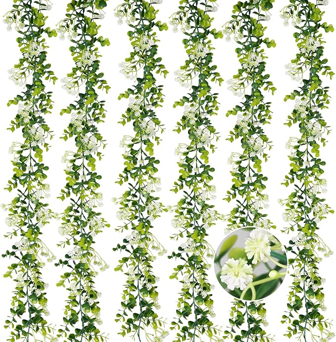 6FT Eucalyptus Garland with Flowers, 6 Pack Artificial Greenery Garland Hanging Faux Eucalyptus Garland Suitable for Table Wedding Backdrop Arch Wall Party UV Protected Indoor Outdoor Decor