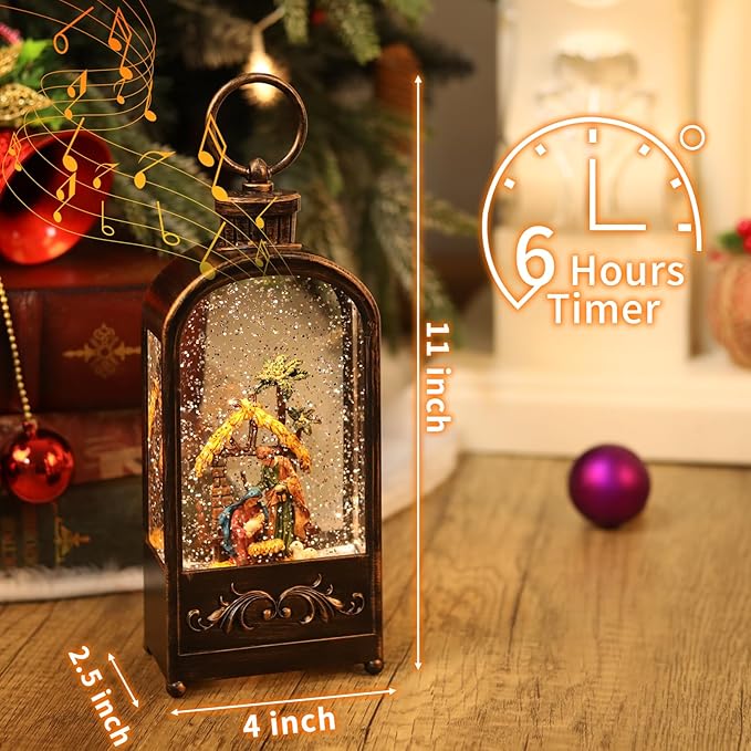 Nativity Scene Snow Globe Christmas Decorations Lantern, Glittering Lighted Plug-in, 3 AA Battery Operated & USB Powered, Nativity Scene Snow Globe Lantern for Christmas Home Decoration and Gift