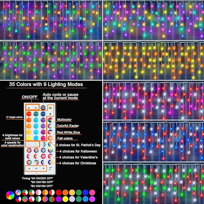 Pooqla Color Changing Christmas Icicle Lights with Remote, 35 Colors 9 Modes Christmas String Lights Outdoor, 240 LED 38.5 FT RGB Waterproof Hanging Lights for Roof Window Home Party Xmas Decor