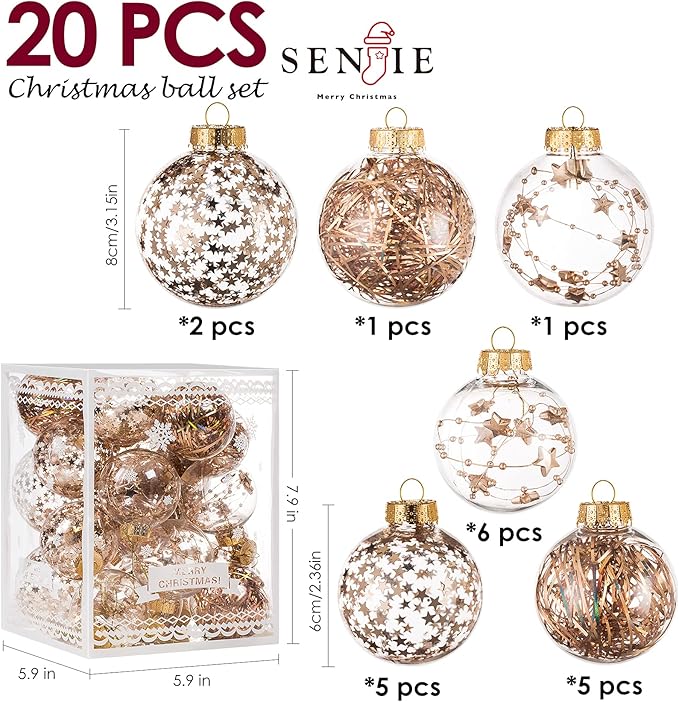 Christmas Ornaments Ball Set-Shatterproof Clear Plastic Decorative Baubles for Xmas Tree House Holiday Wedding Party Decoration,20pcs Champagne